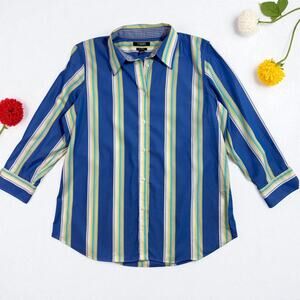 Chaps L Blue Green Yellow Striped Button Up Shirt Gingham Cuff Preppy Coastal‎